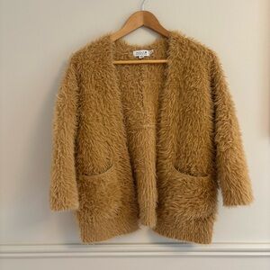 Molly Bracken Shaggy Open Faux-Fur Cardigan in Camel